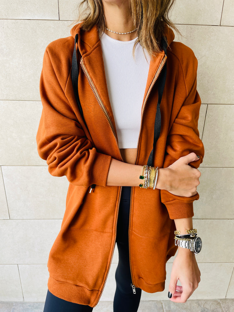Rust Longline Zip Up Hoodie