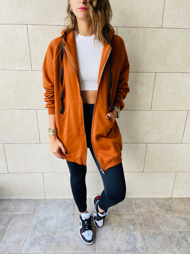 Rust Longline Zip Up Hoodie