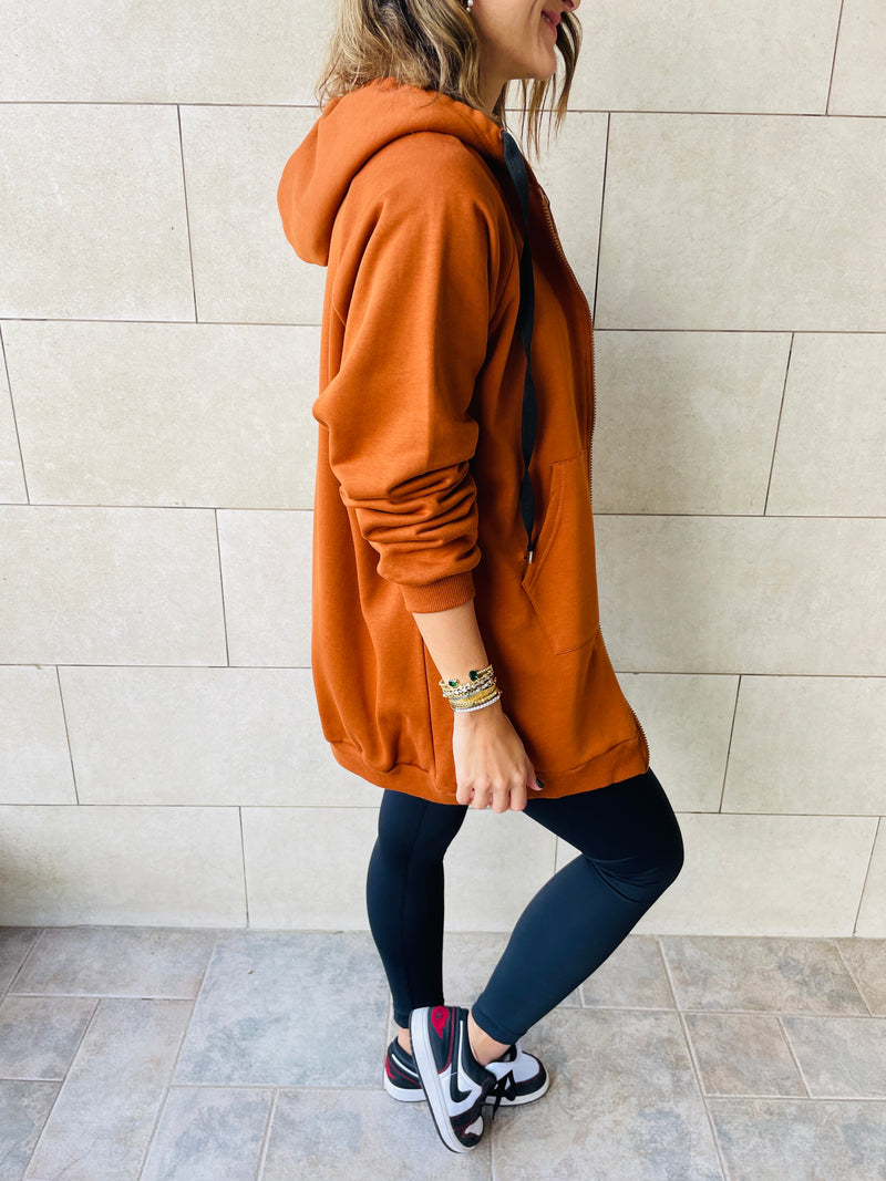 Rust Longline Zip Up Hoodie