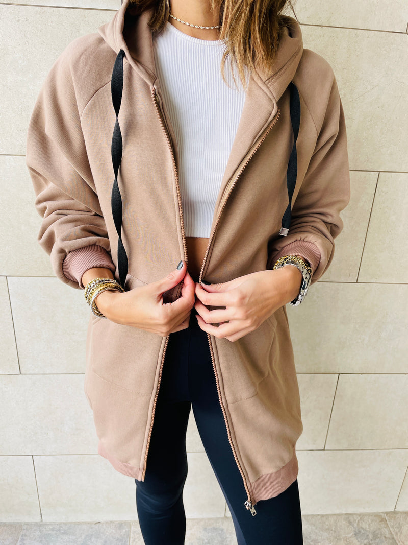 Taupe Longline Zip Up Hoodie