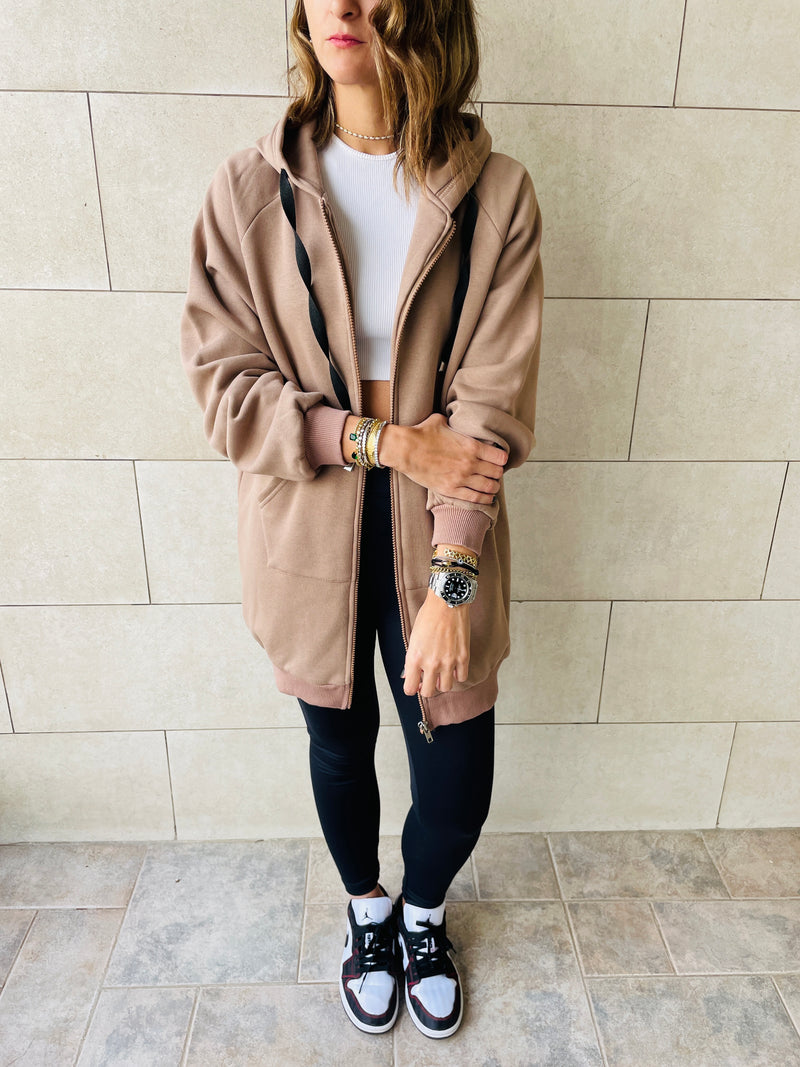 Taupe Longline Zip Up Hoodie