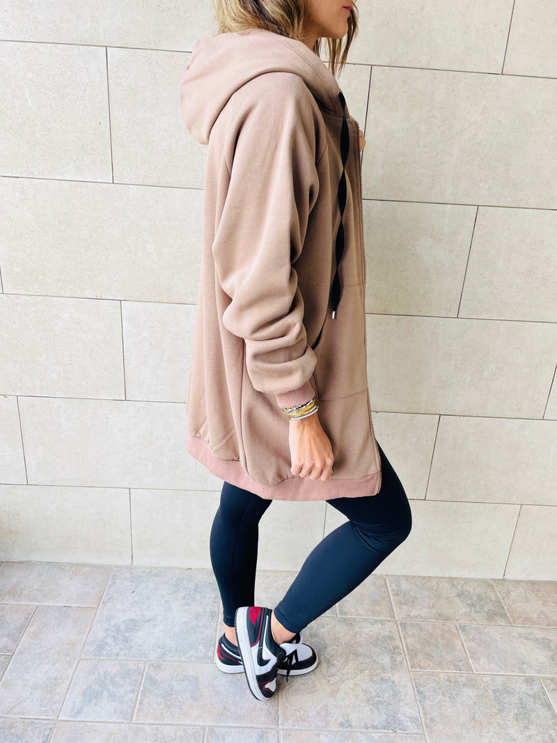 Taupe Longline Zip Up Hoodie