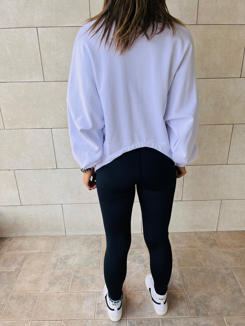 White Cropped Drawstring Sweatshirt