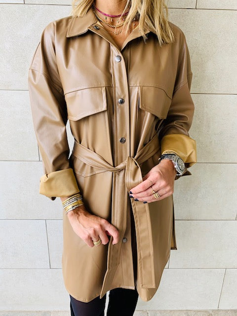 Beige Leather Tie Shirt