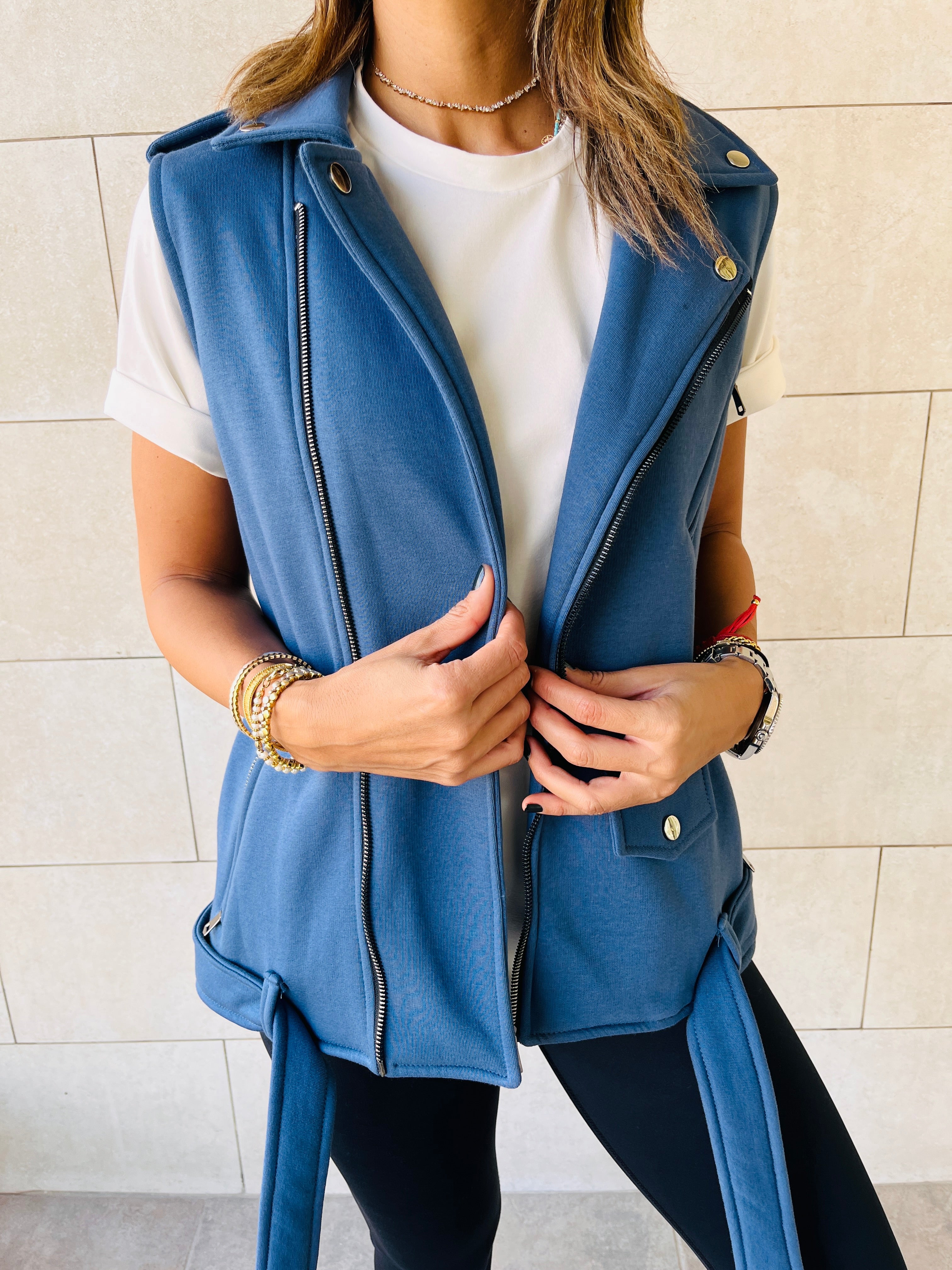Blue Fleece Sweat Biker Vest