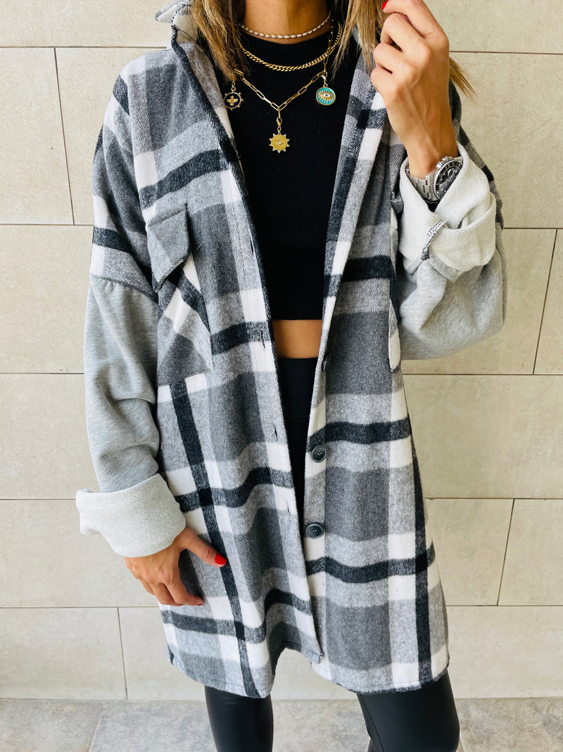 Grey Plaid Hoodie Overshirt