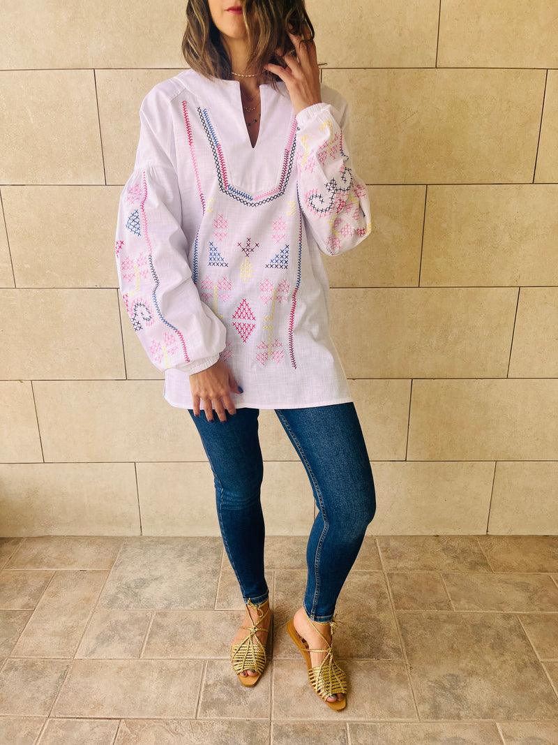 White Sired Embroidered Linen Shirt