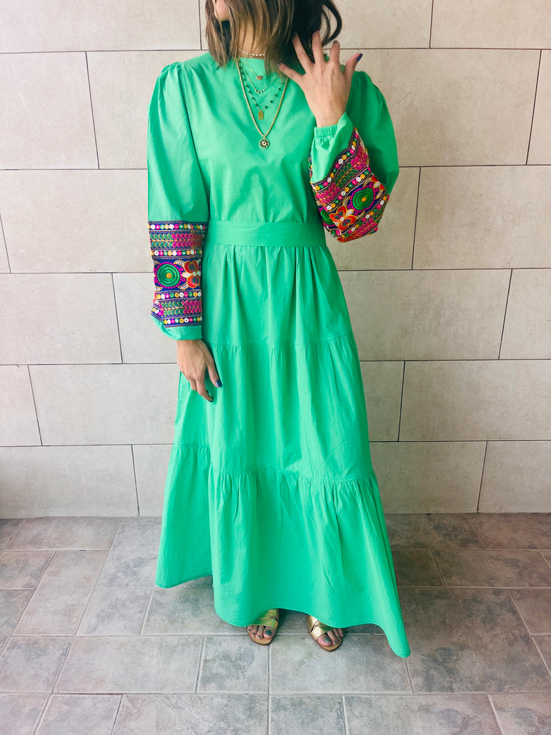 Green Nile Embellished Sleeve Dress