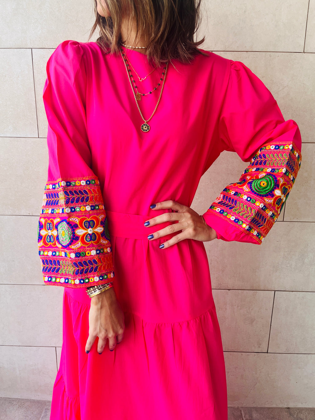 Fuchsia Nile Embellished Sleeve Dress