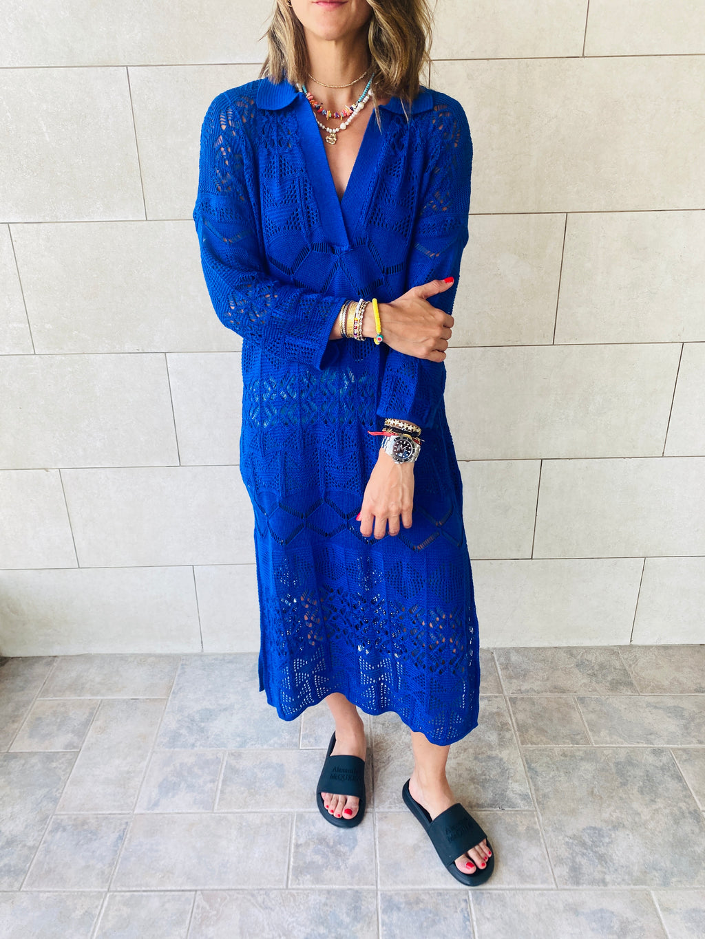 Blue High Neck Crochet Dress