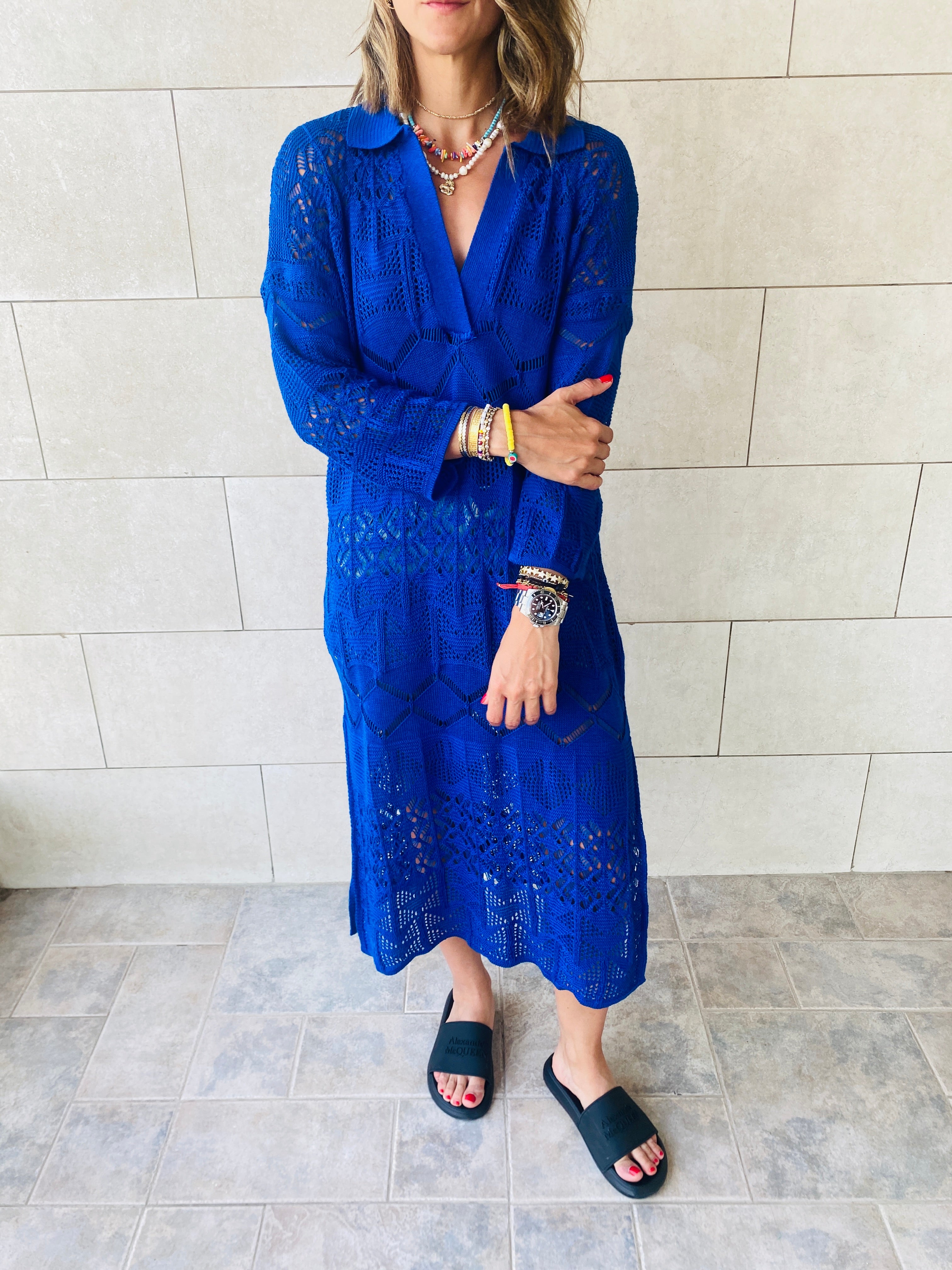 Blue High Neck Crochet Dress