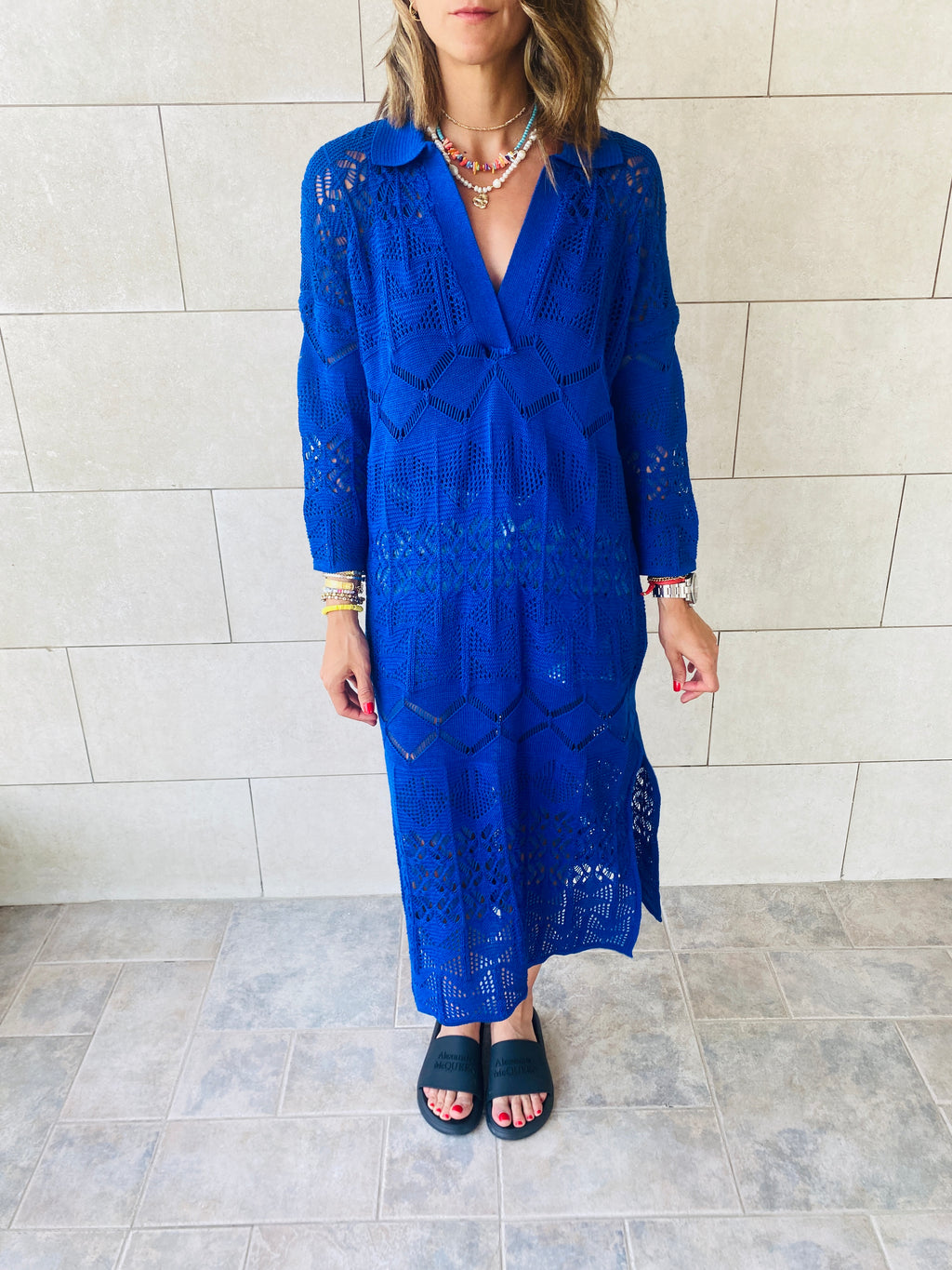 Blue High Neck Crochet Dress