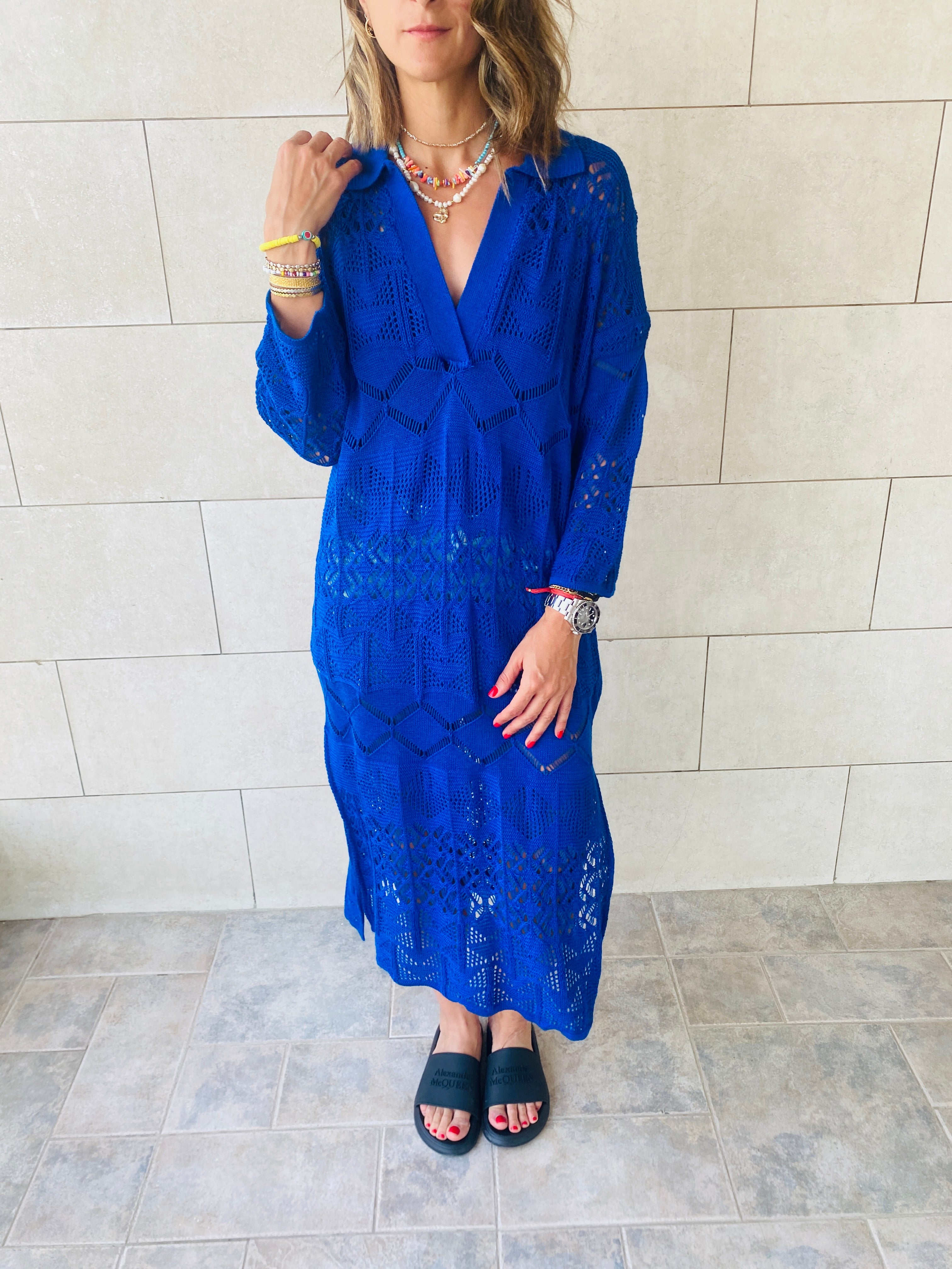 Blue High Neck Crochet Dress