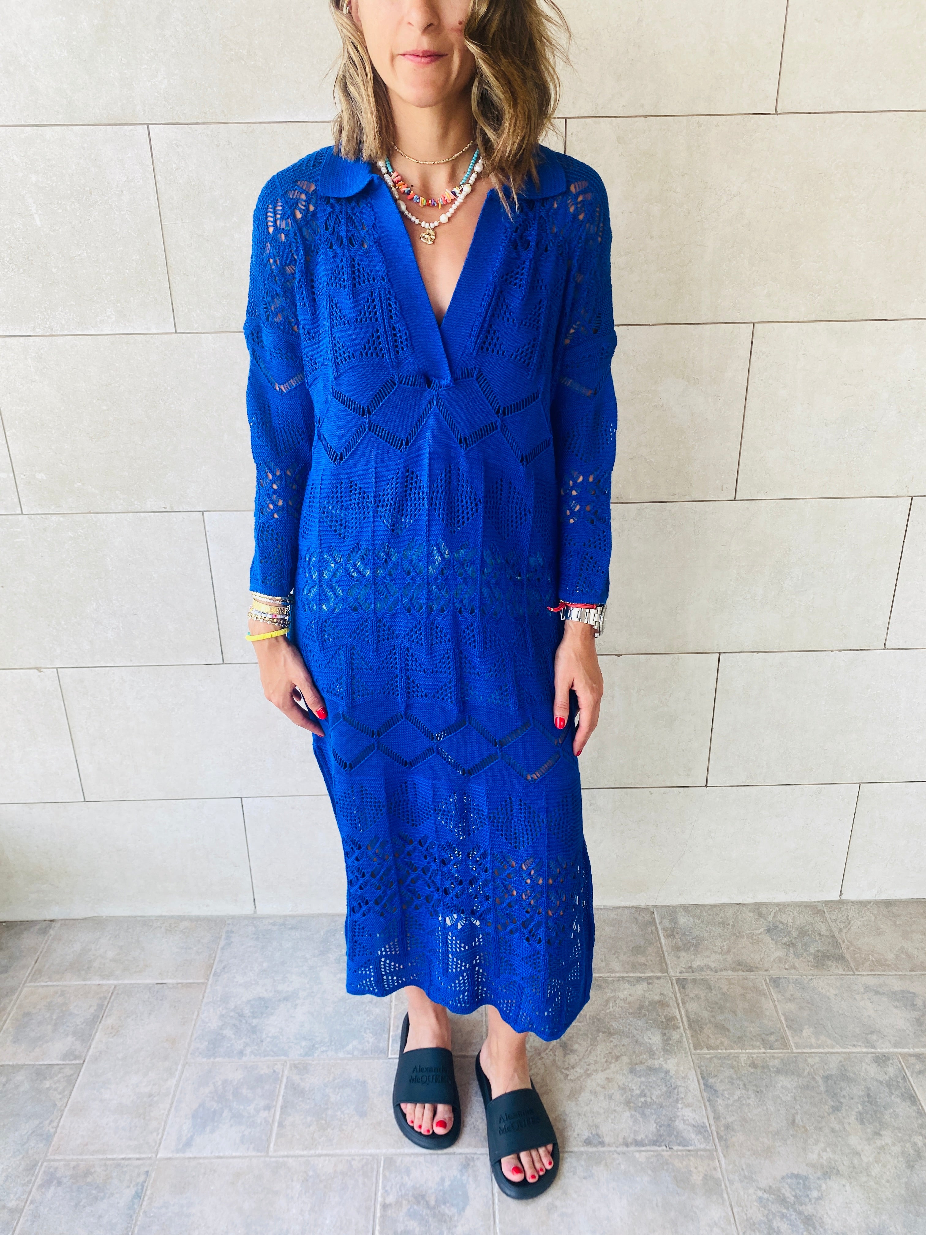 Blue High Neck Crochet Dress