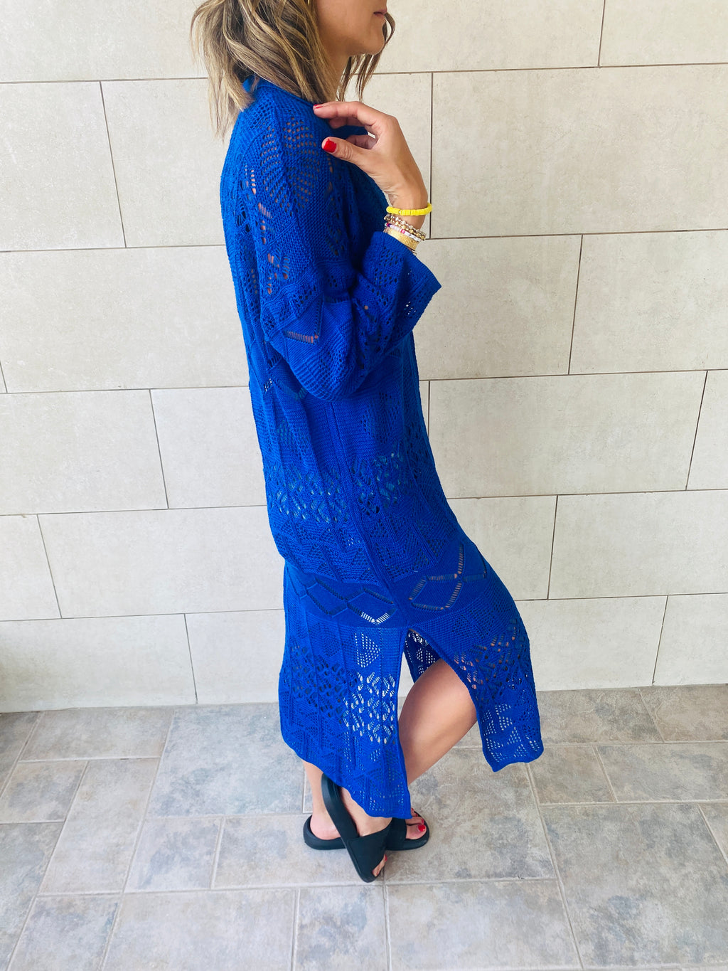 Blue High Neck Crochet Dress