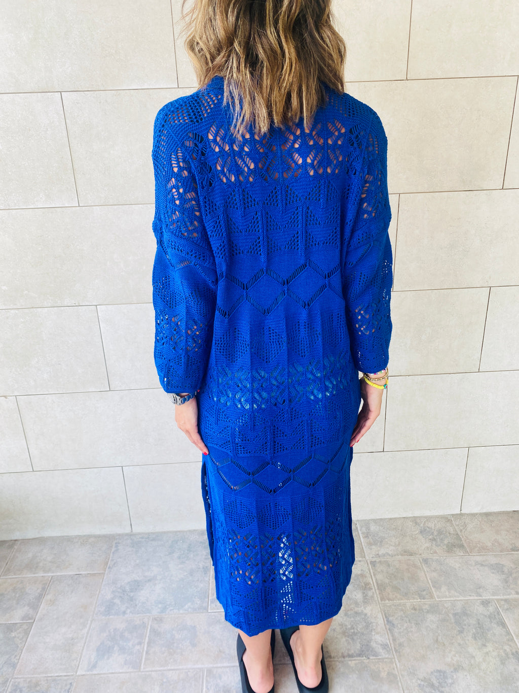 Blue High Neck Crochet Dress