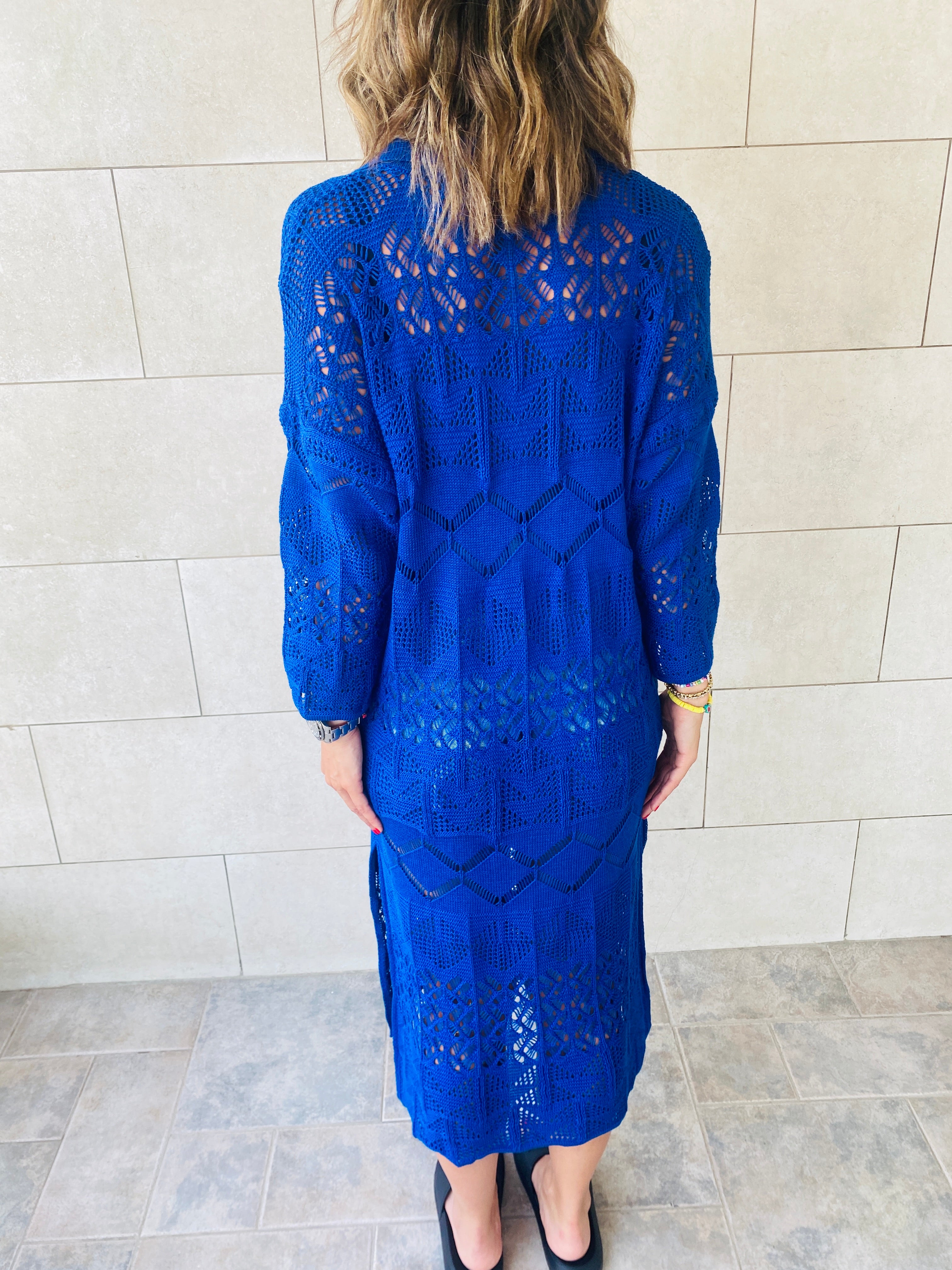 Blue High Neck Crochet Dress