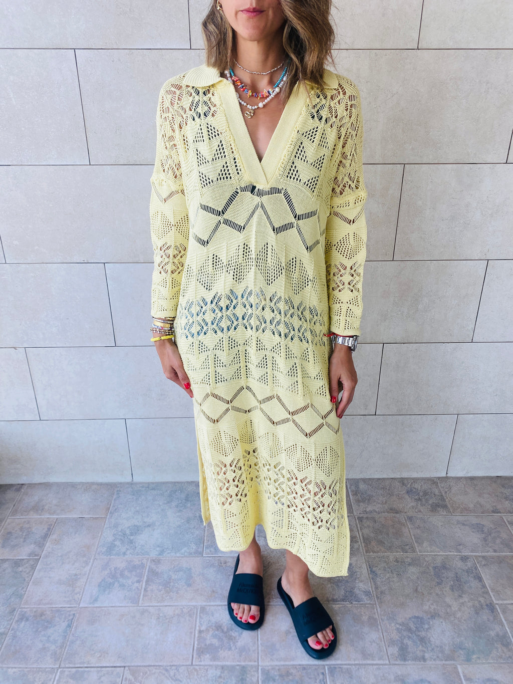 Yellow High Neck Crochet Dress
