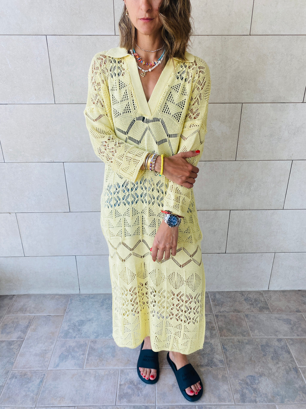 Yellow High Neck Crochet Dress