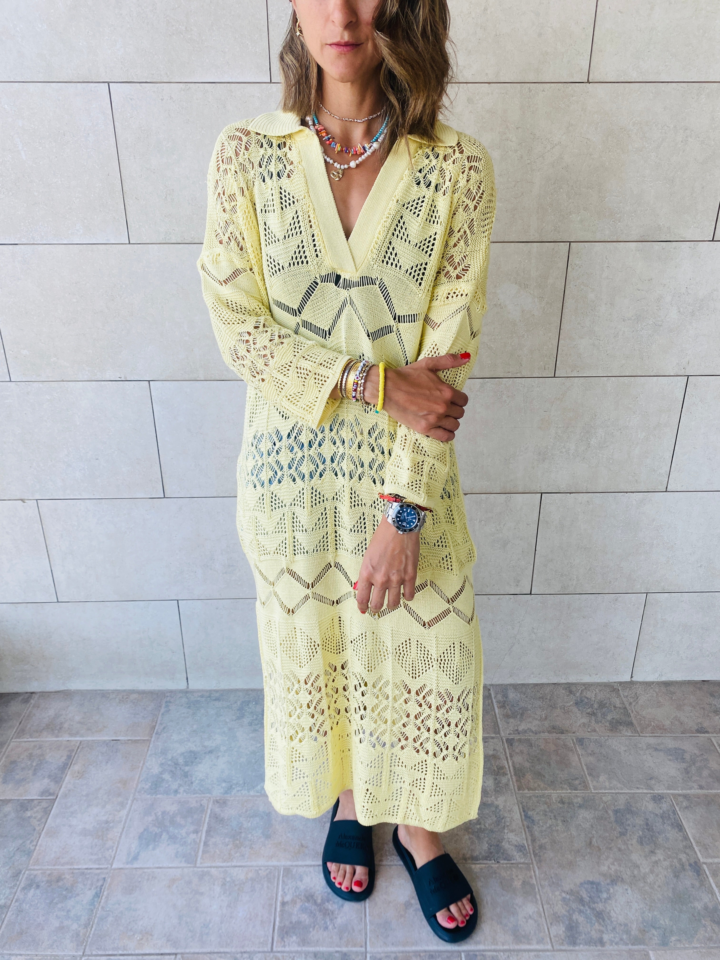 Yellow High Neck Crochet Dress