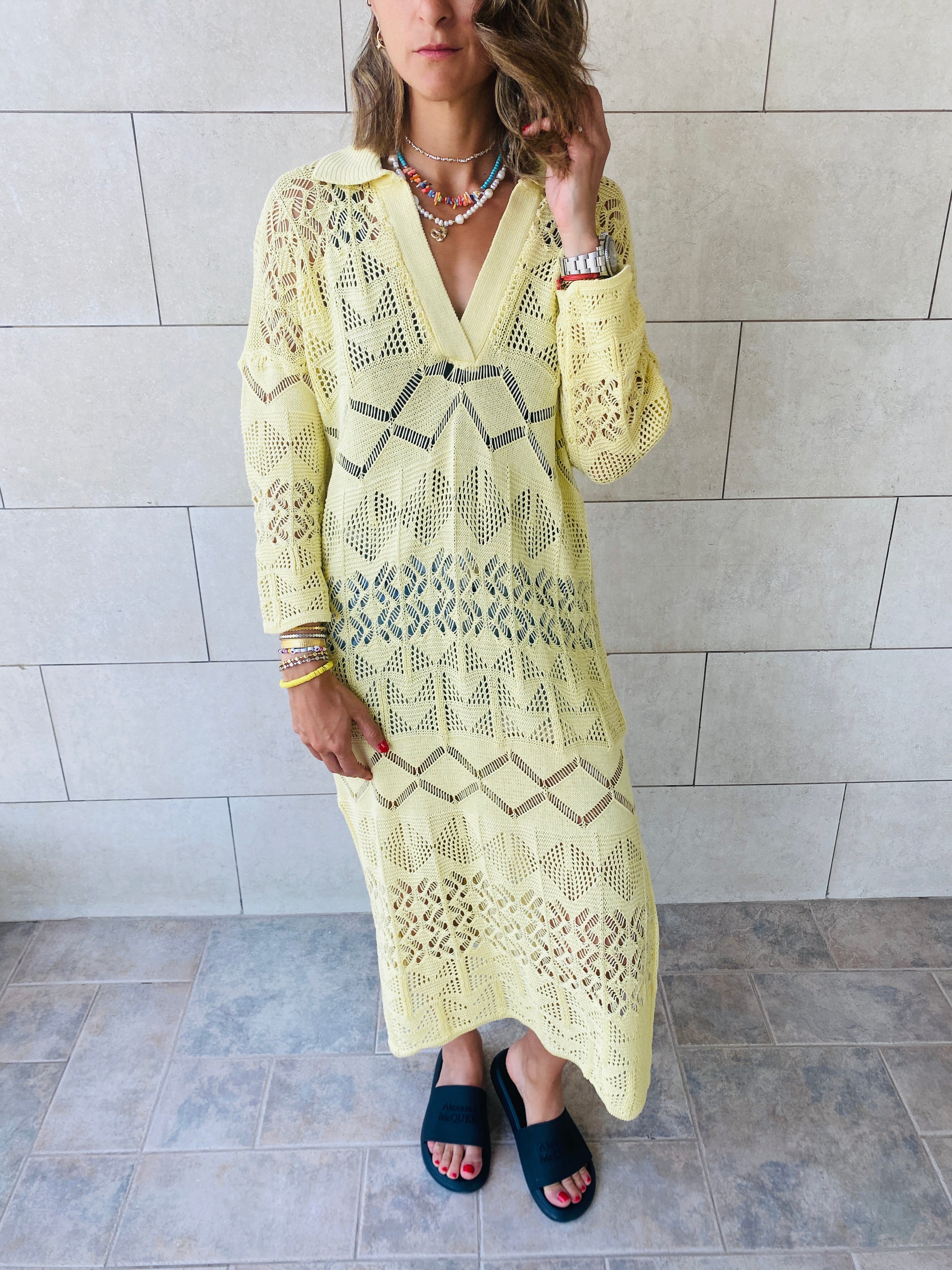 Yellow High Neck Crochet Dress