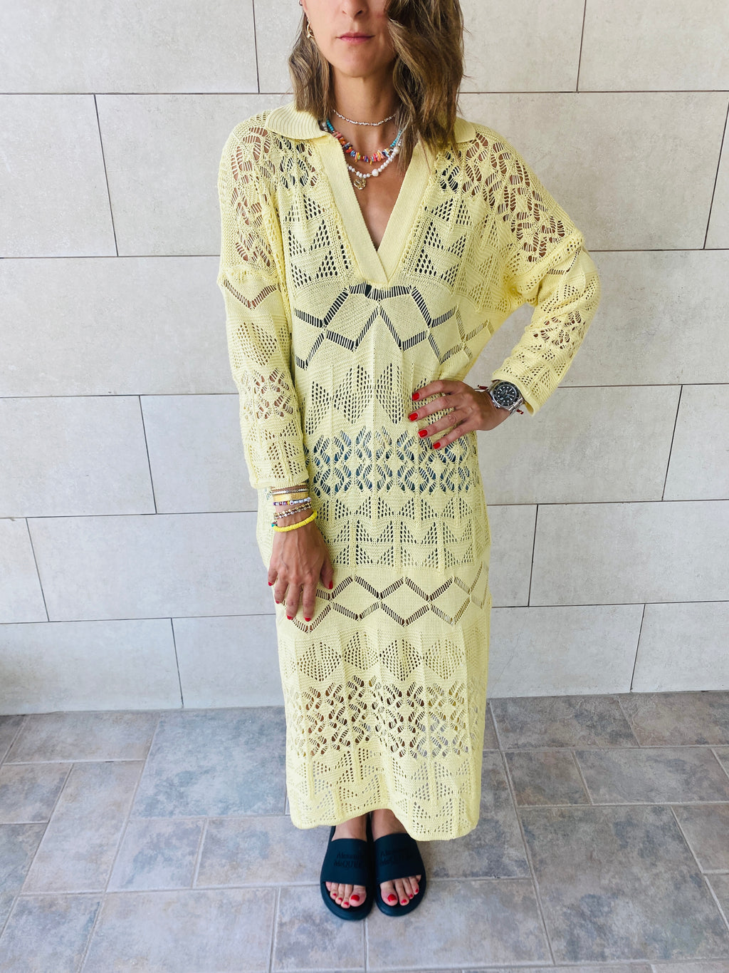 Yellow High Neck Crochet Dress