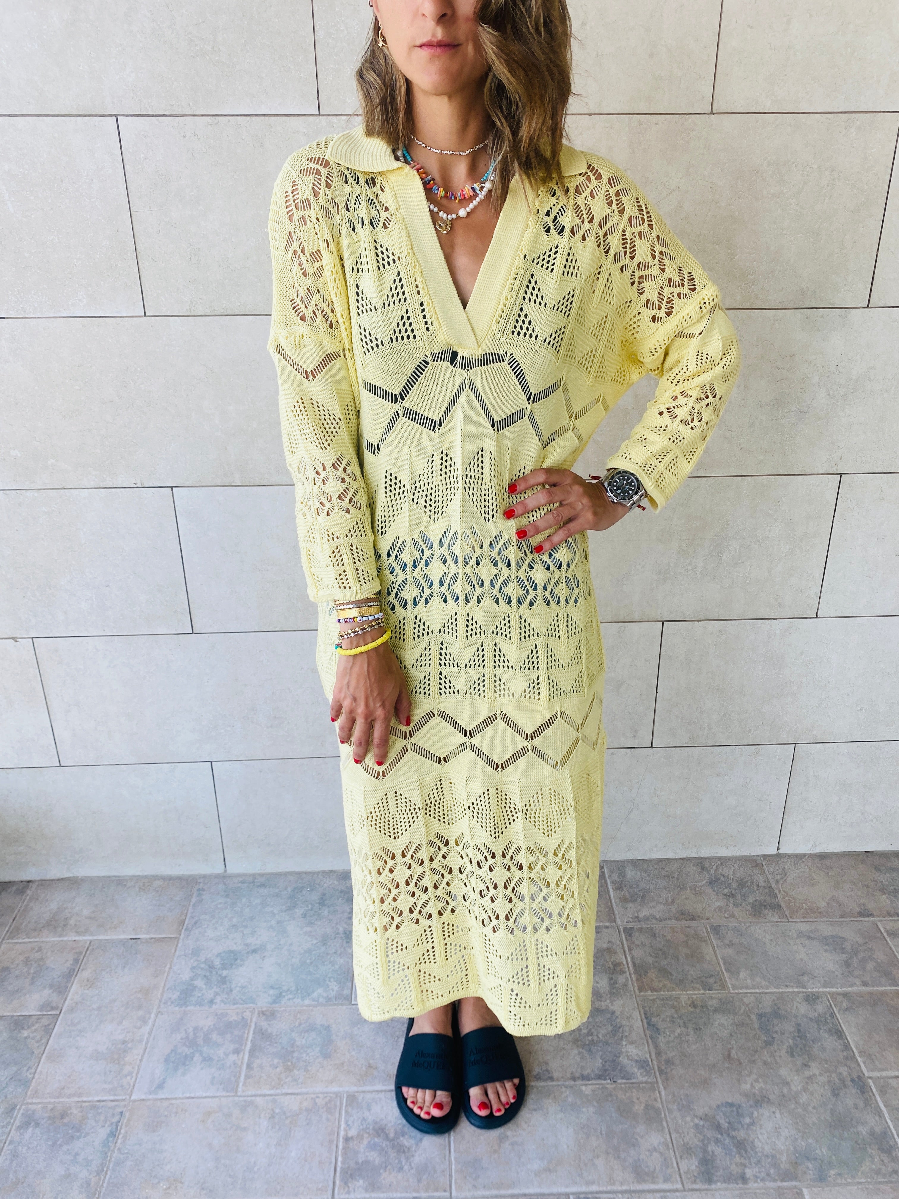 Yellow High Neck Crochet Dress