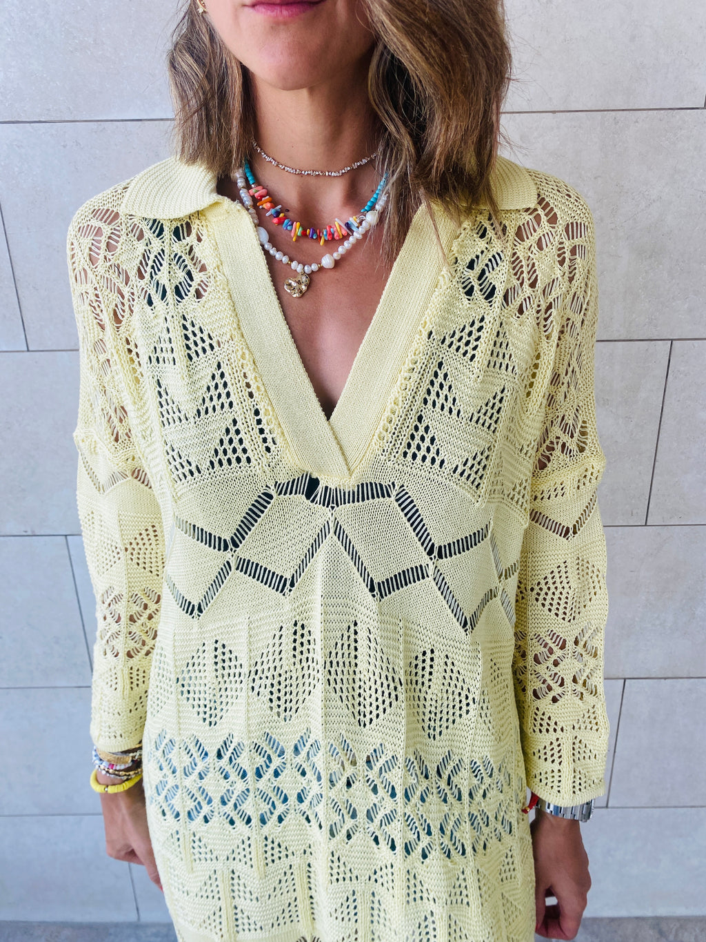 Yellow High Neck Crochet Dress