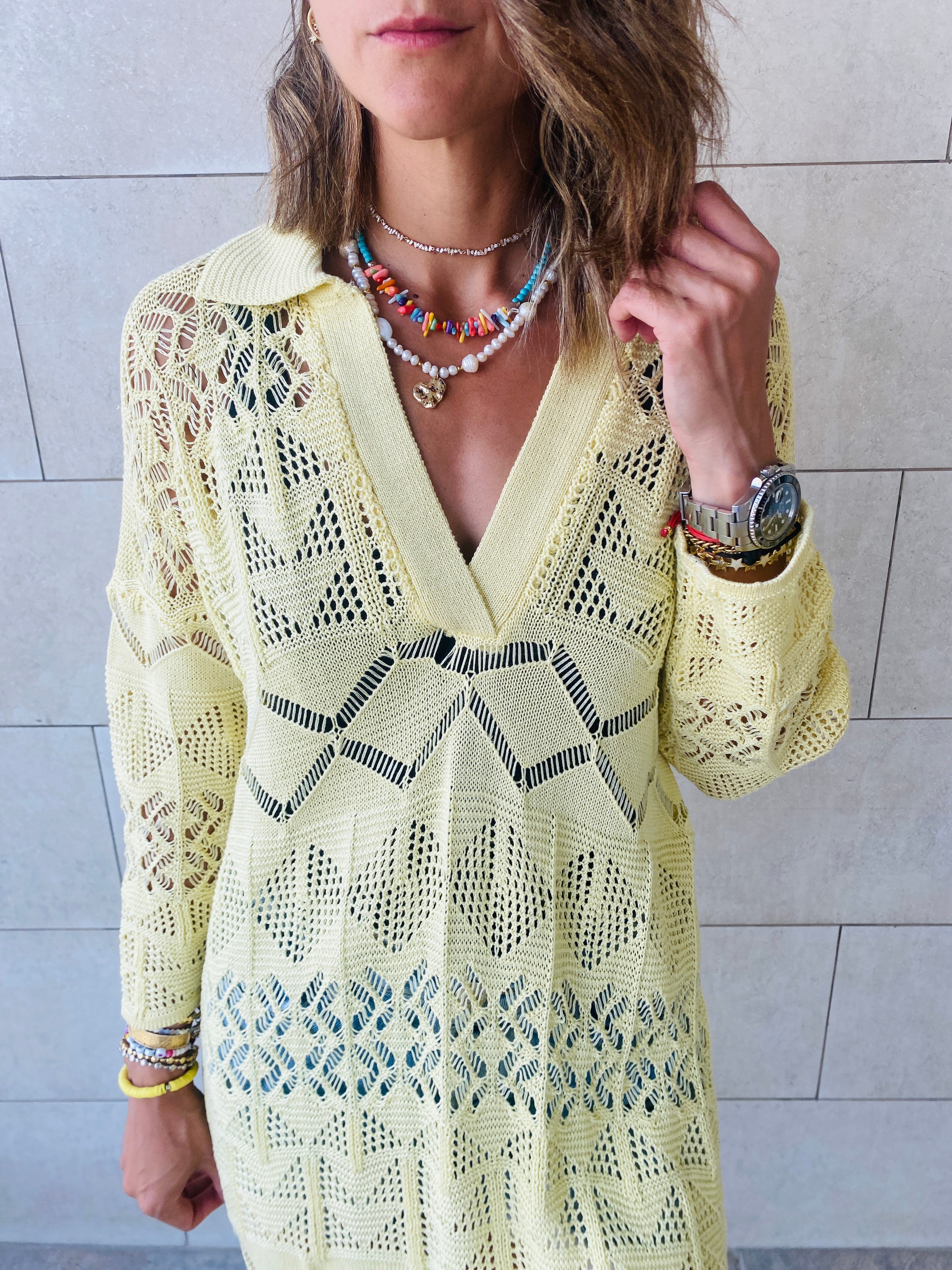 Yellow High Neck Crochet Dress