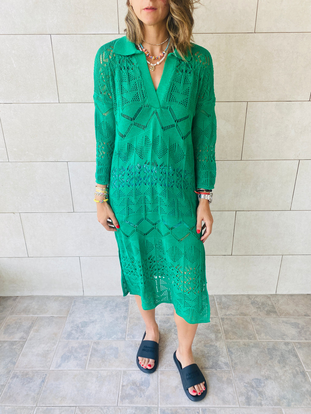 Green High Neck Crochet Dress