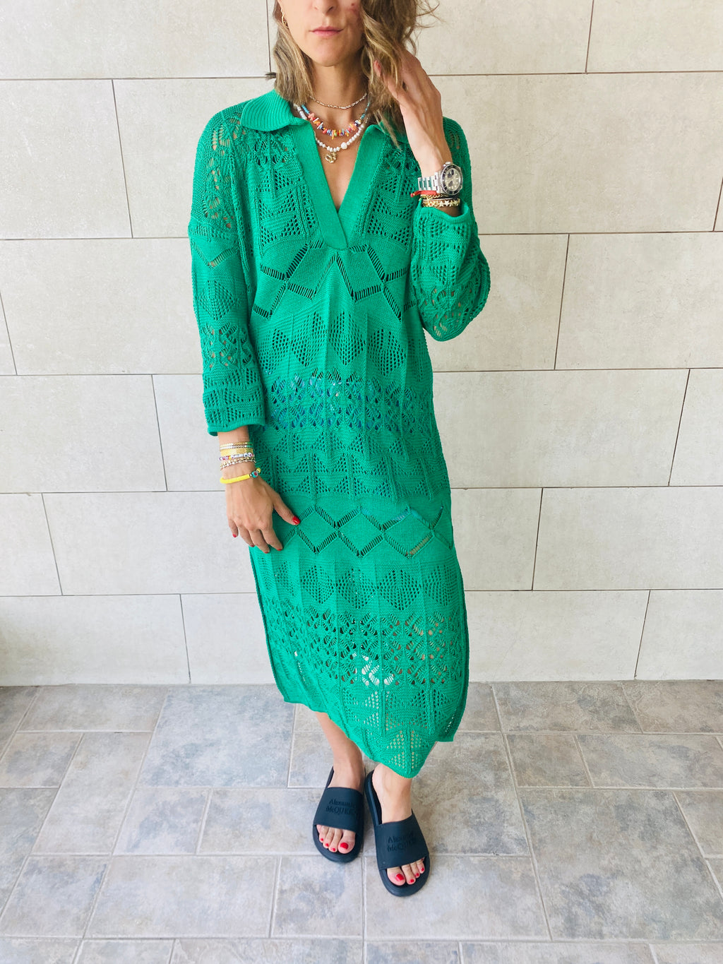 Green High Neck Crochet Dress