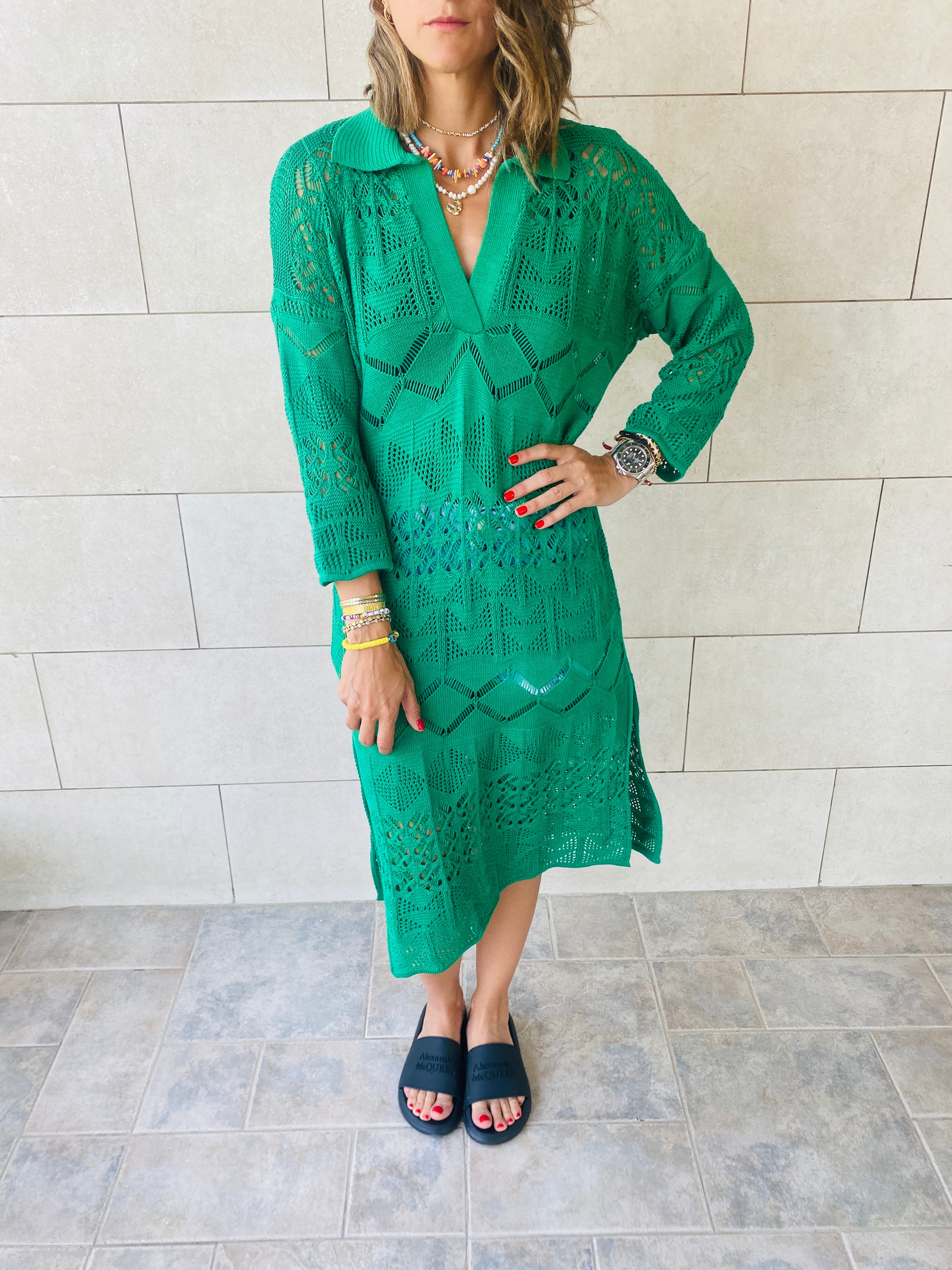 Green High Neck Crochet Dress