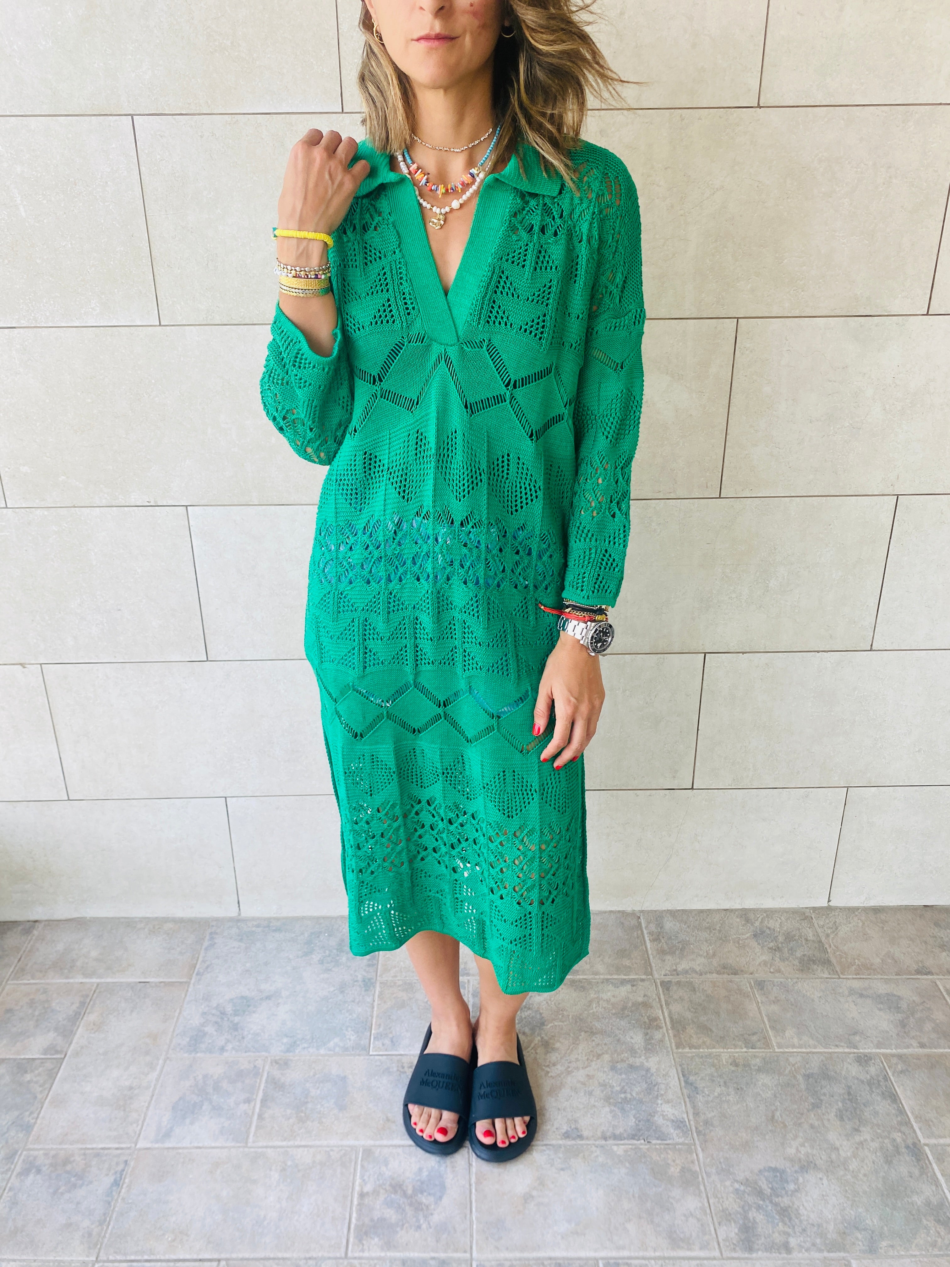 Green High Neck Crochet Dress