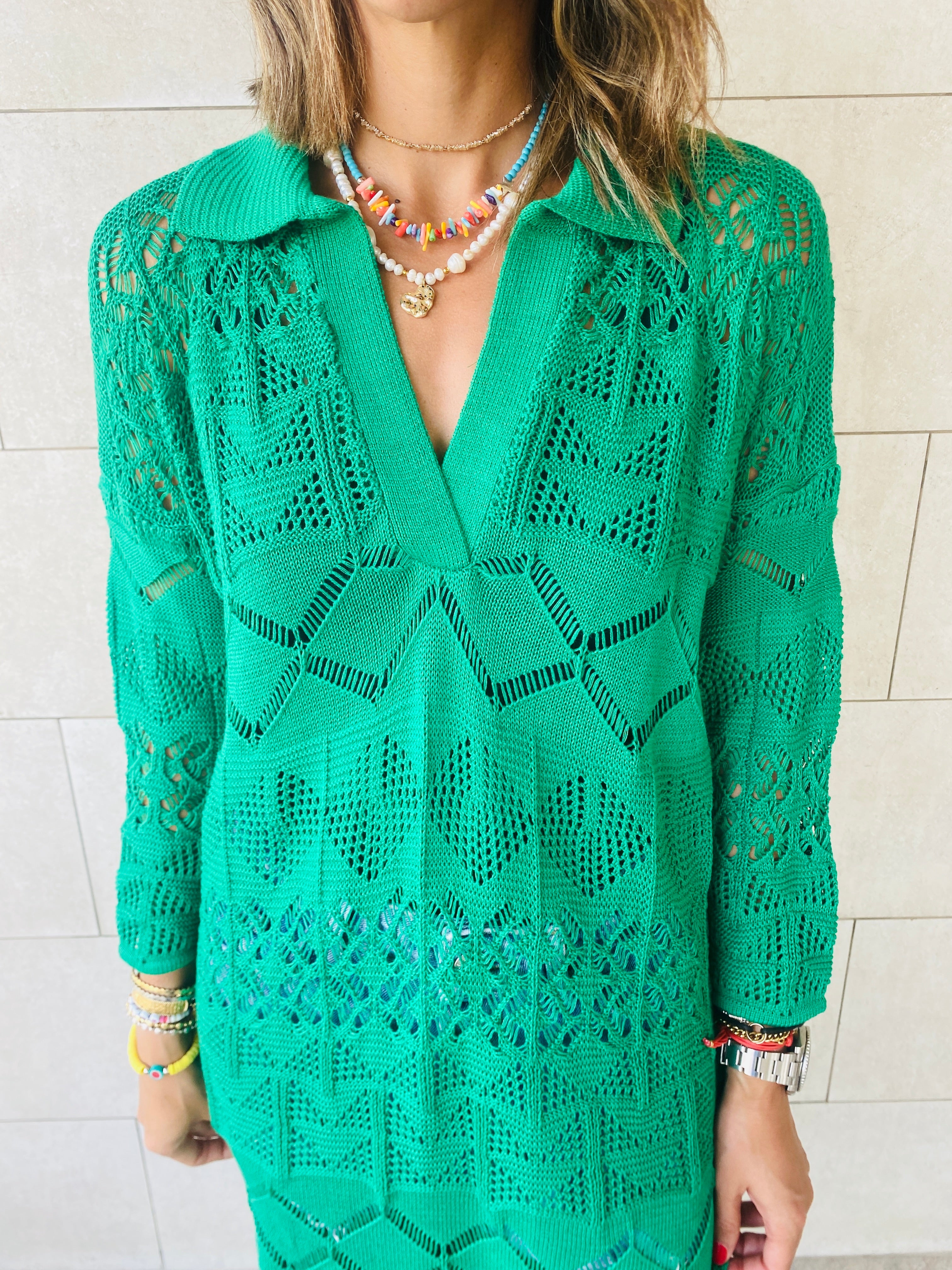 Green High Neck Crochet Dress