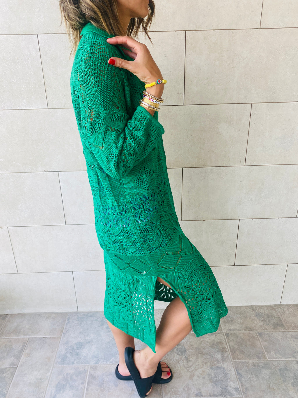 Green High Neck Crochet Dress