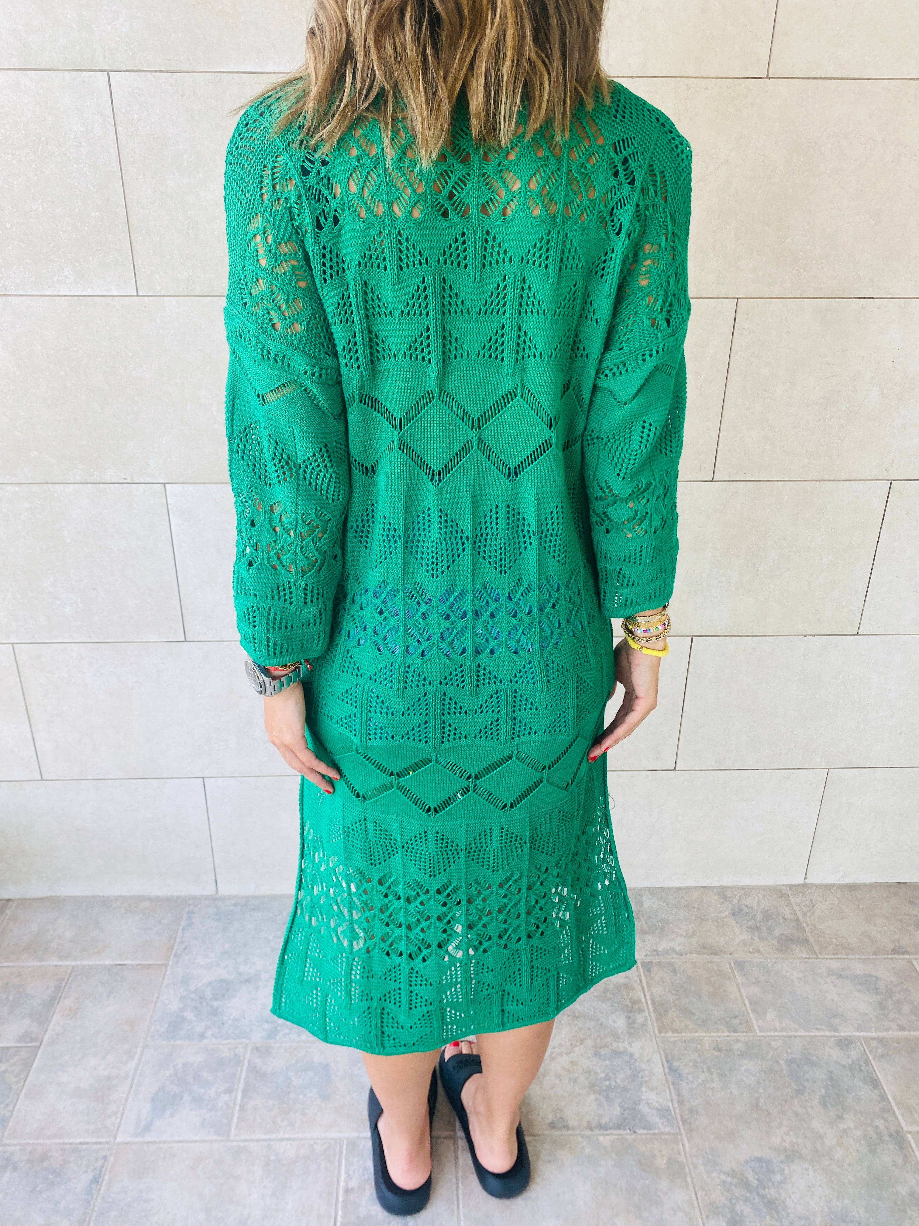 Green High Neck Crochet Dress