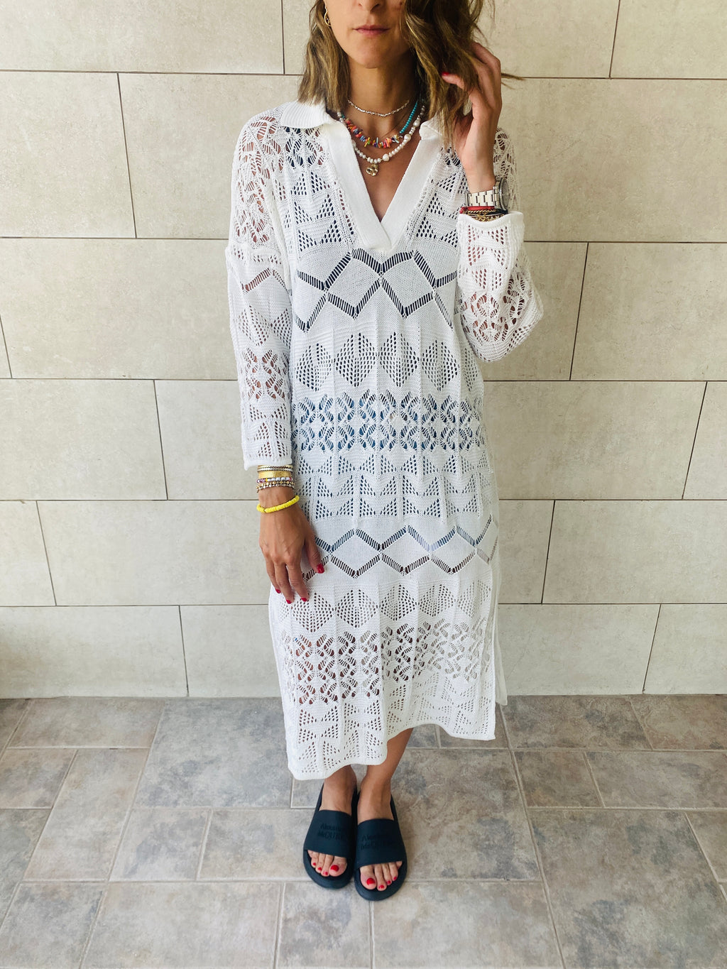 White High Neck Crochet Dress