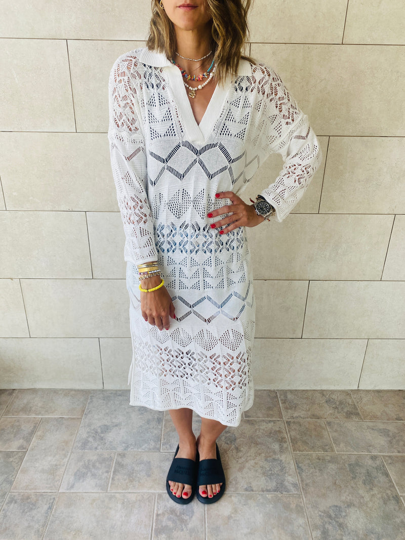 White High Neck Crochet Dress