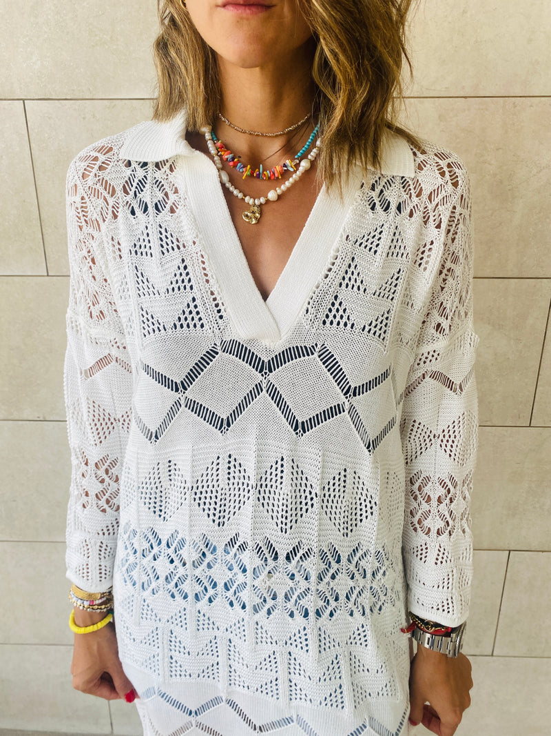 White High Neck Crochet Dress