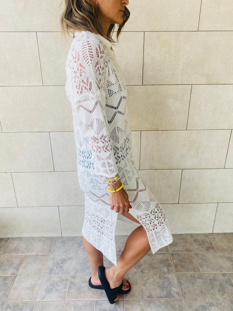 White High Neck Crochet Dress