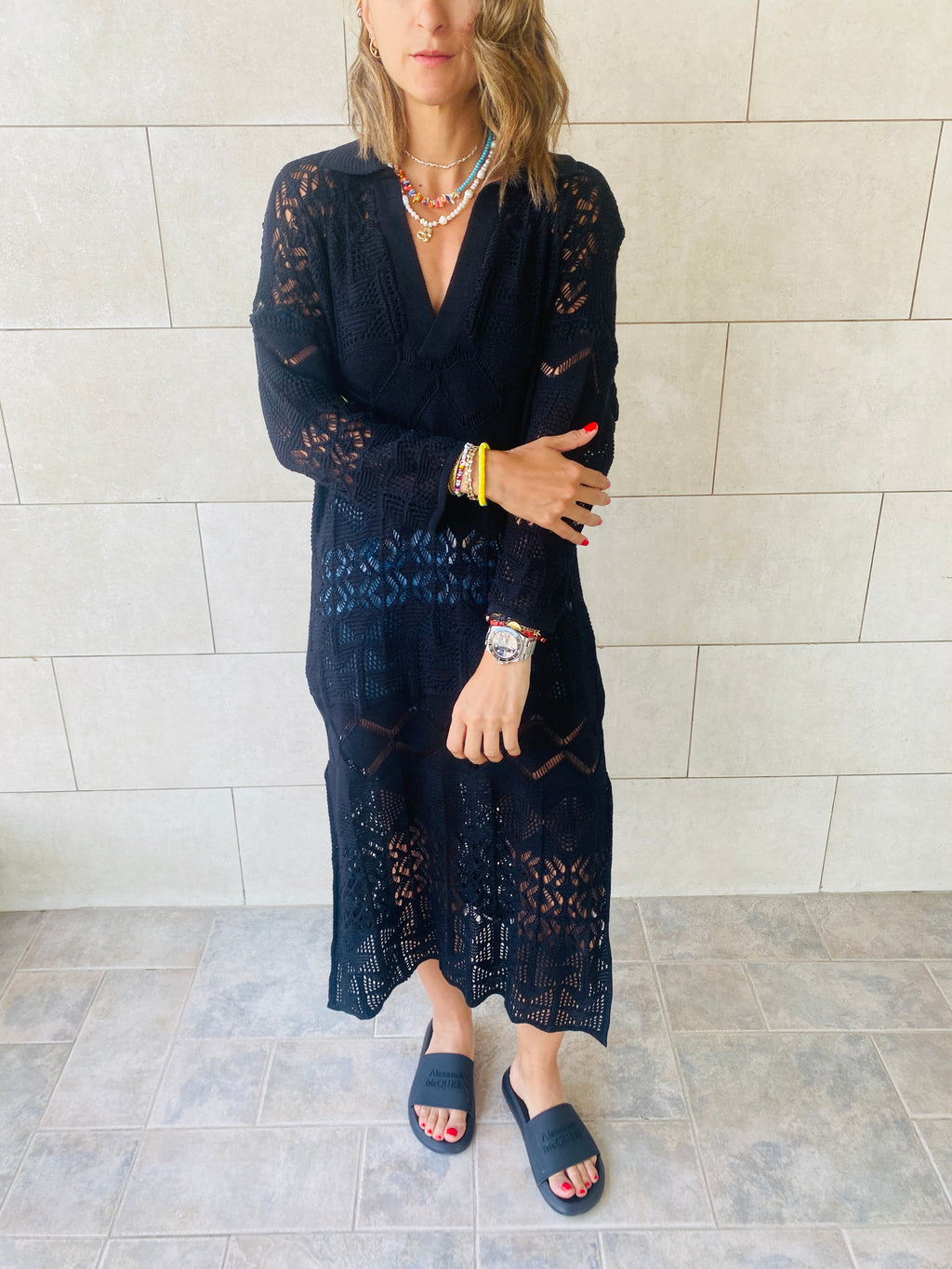 Black High Neck Crochet Dress