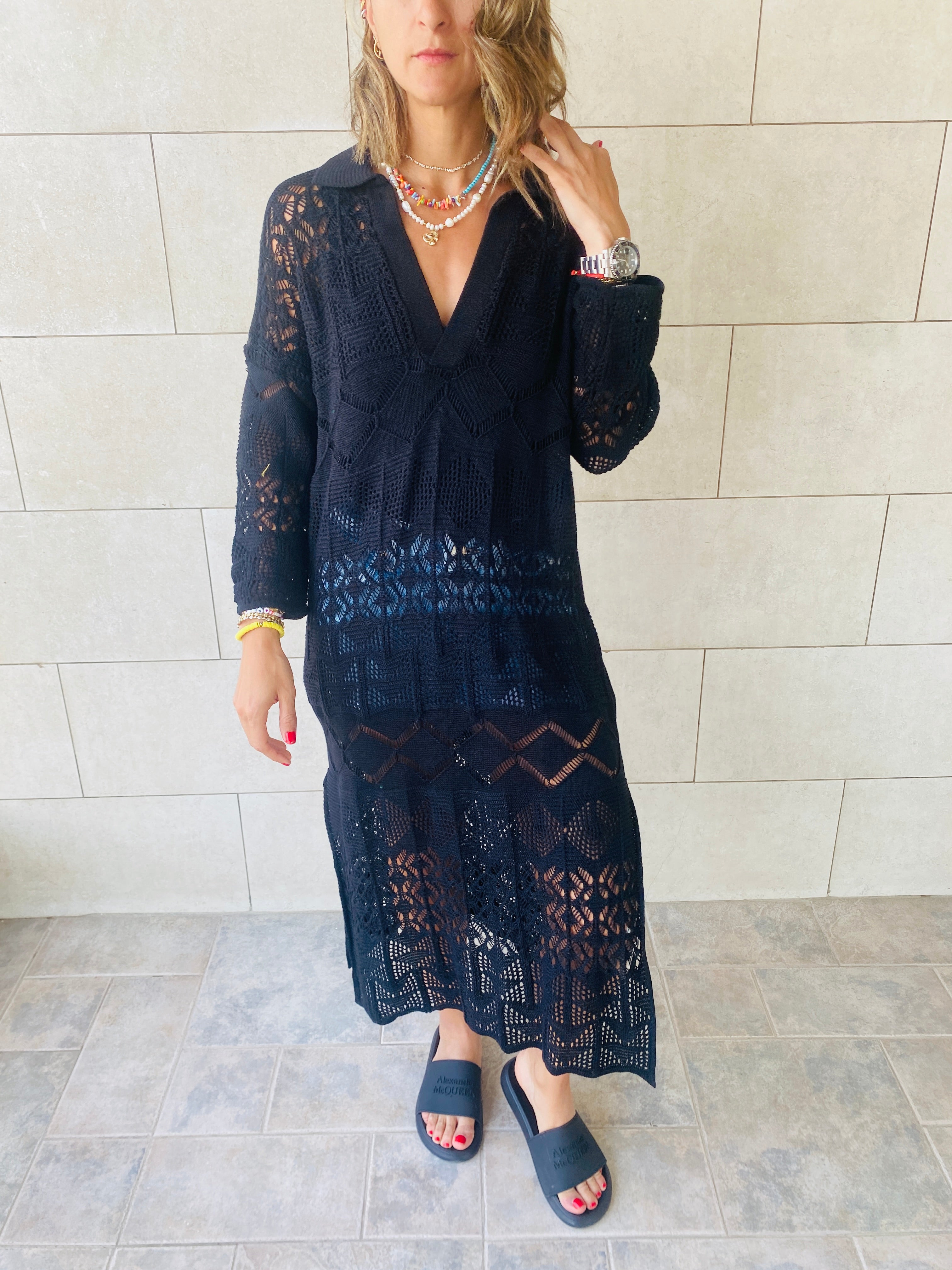 Black High Neck Crochet Dress