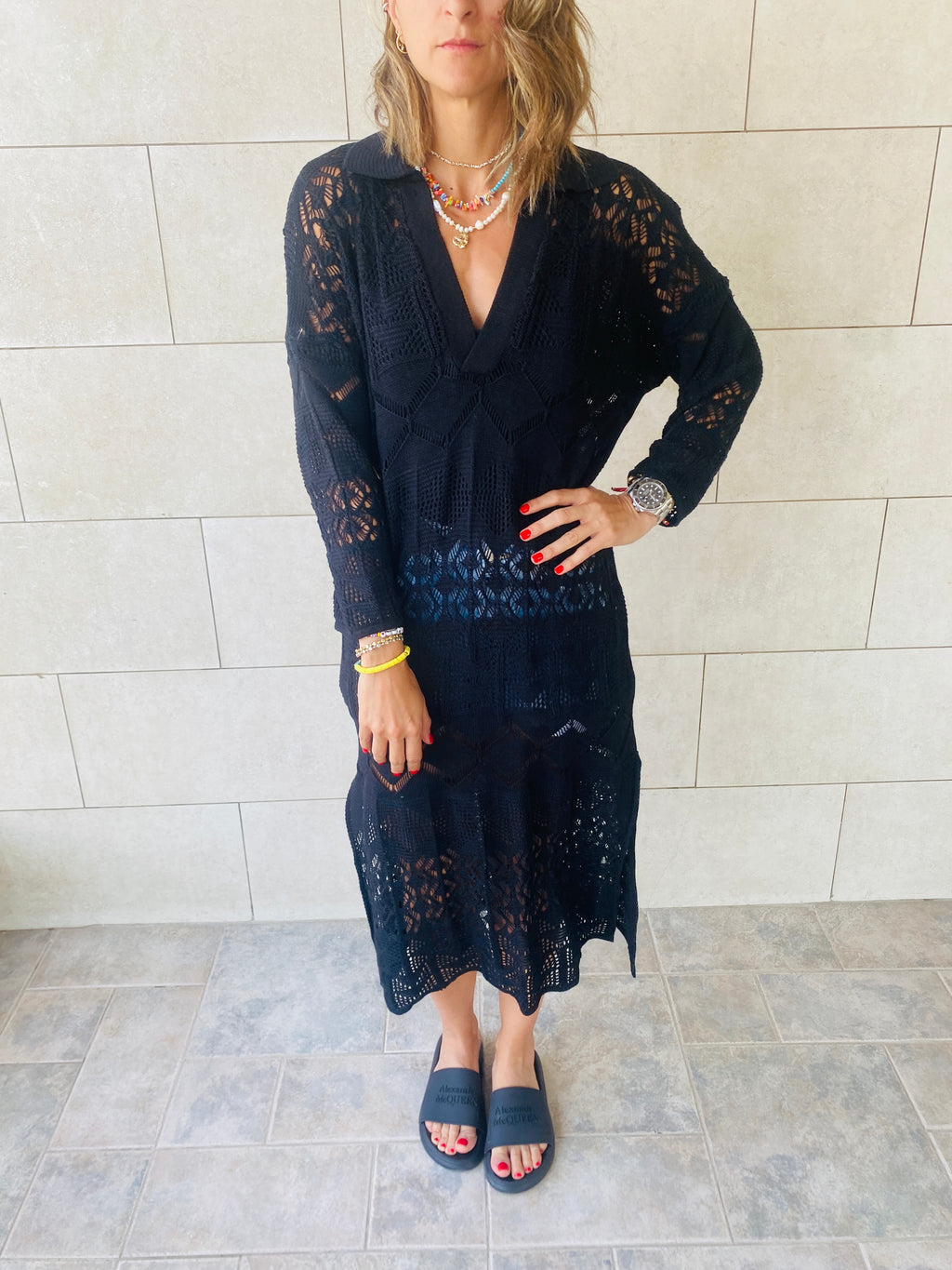 Black High Neck Crochet Dress