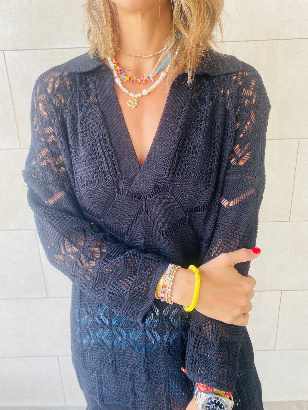 Black High Neck Crochet Dress