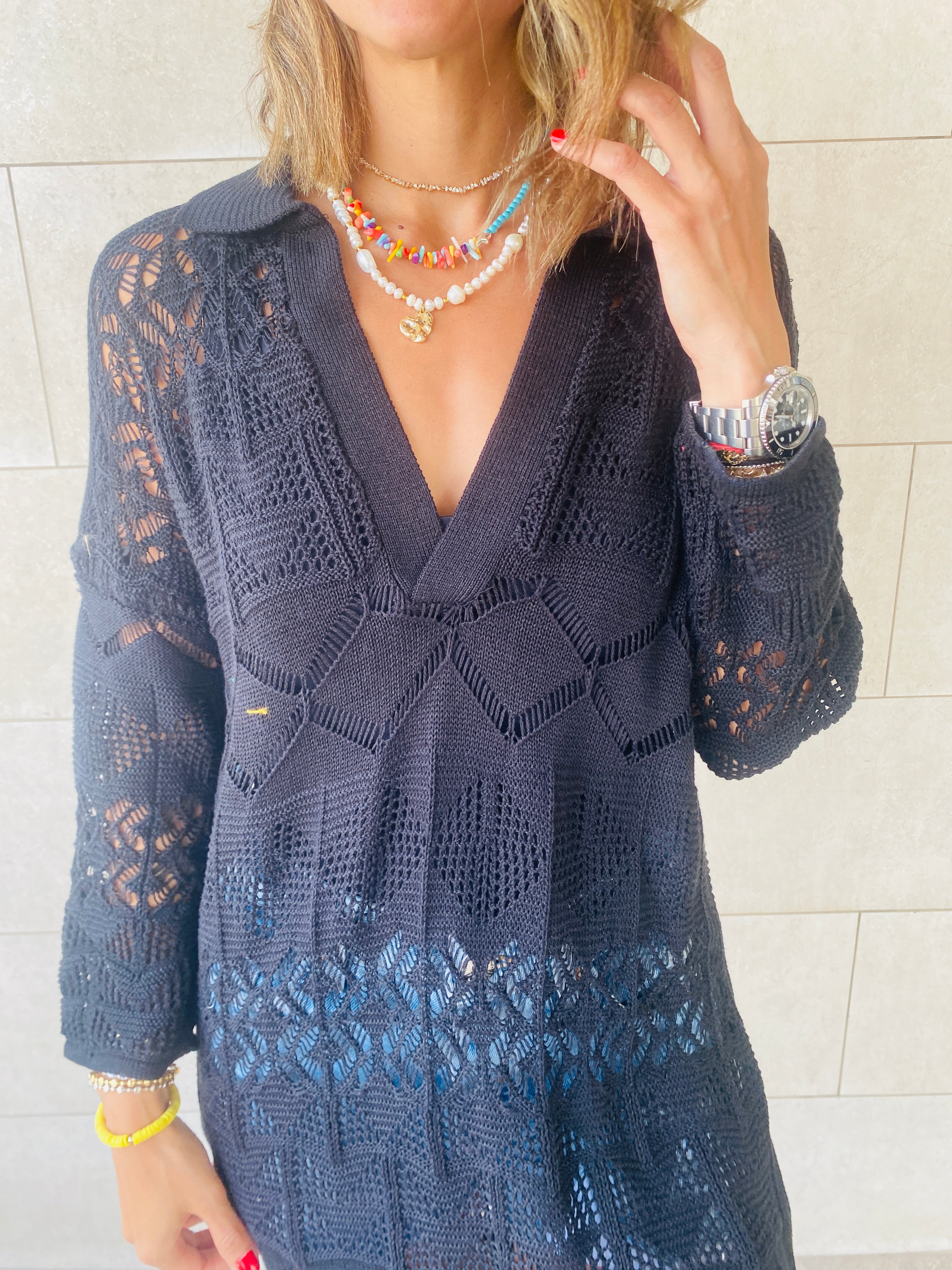 Black High Neck Crochet Dress