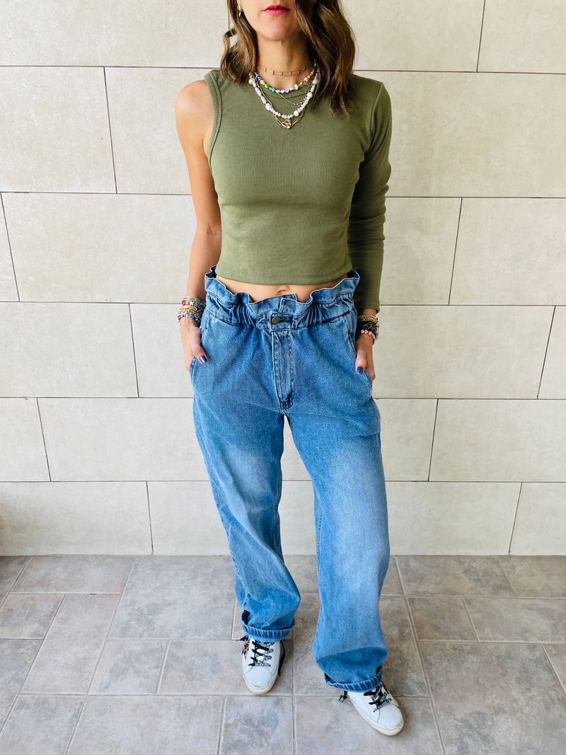 Olive & Beige One Shoulder Set