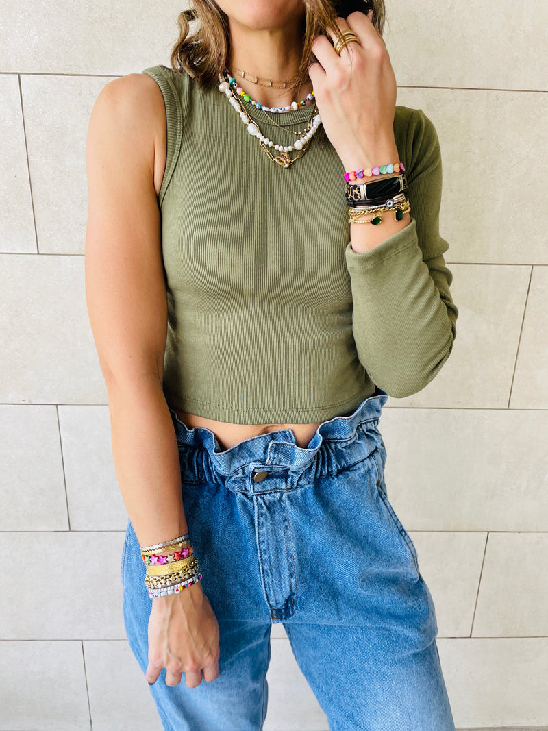 Olive & Beige One Shoulder Set