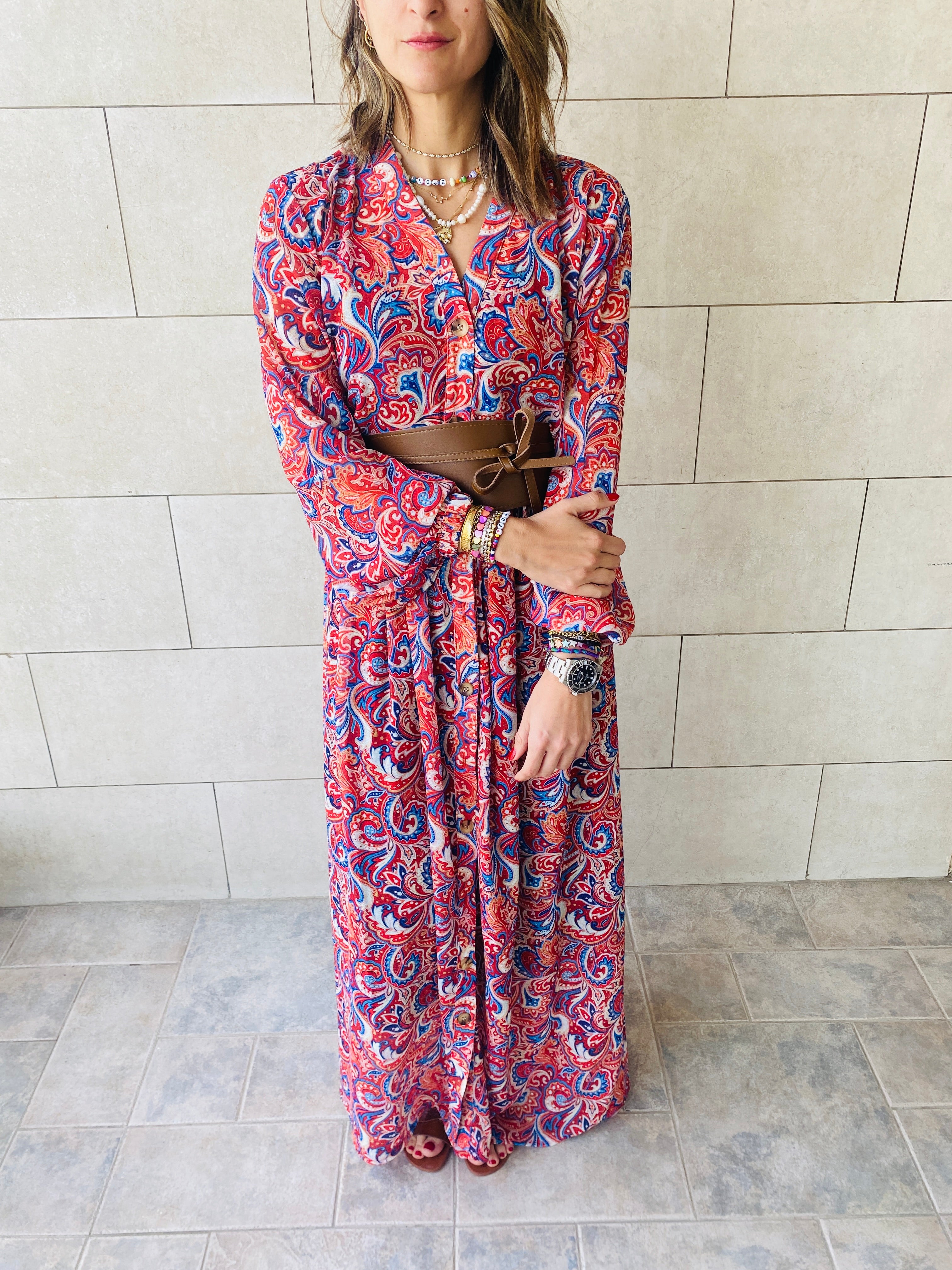 Rouge Paisley Chiffon Dress