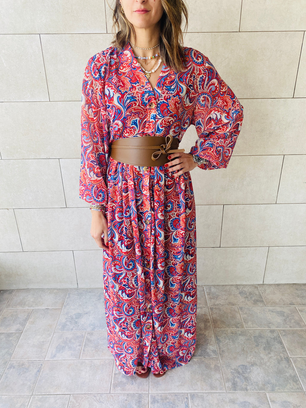Rouge Paisley Chiffon Dress
