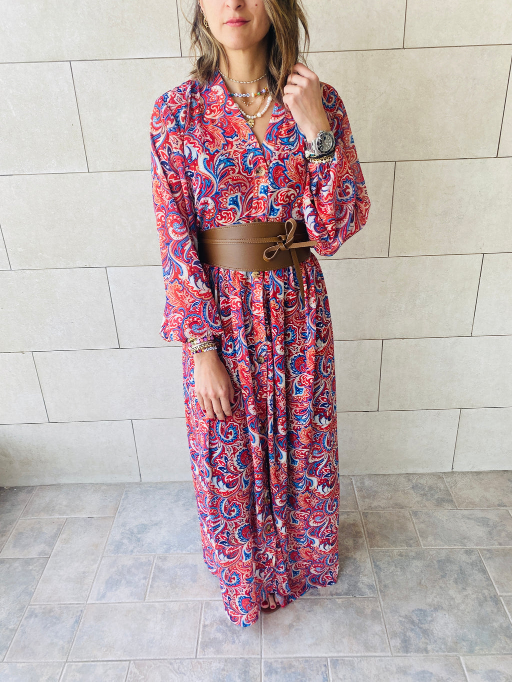 Rouge Paisley Chiffon Dress